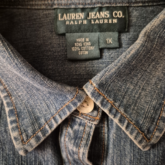 Ralph Lauren Jeans Co Blue Denim Shirt 1X No Chest Pockets Shoulder Epaulets - Picture 2 of 8